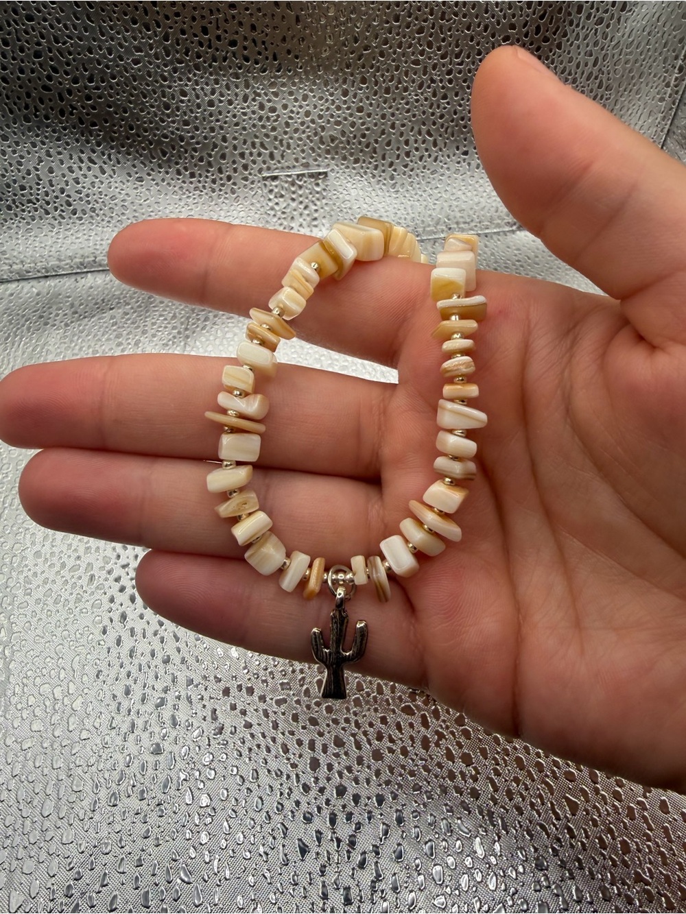 Cream Shell Beaded Bracelet with Cactus Charm